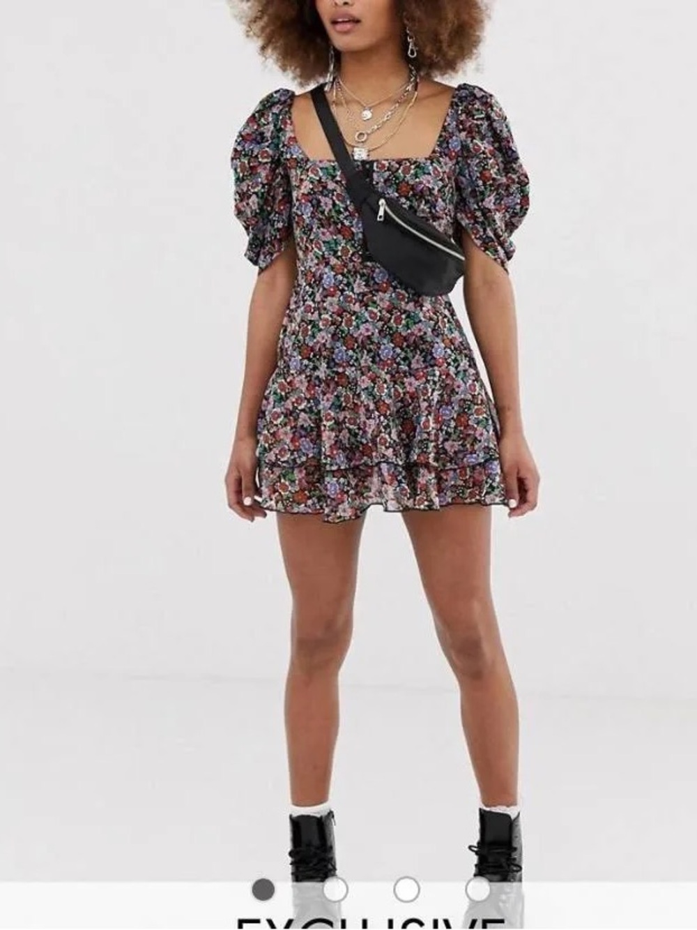 ASOS Collusion Floral Square-Neck Puff-Sleeve Mini Dress 90s Style Size 8